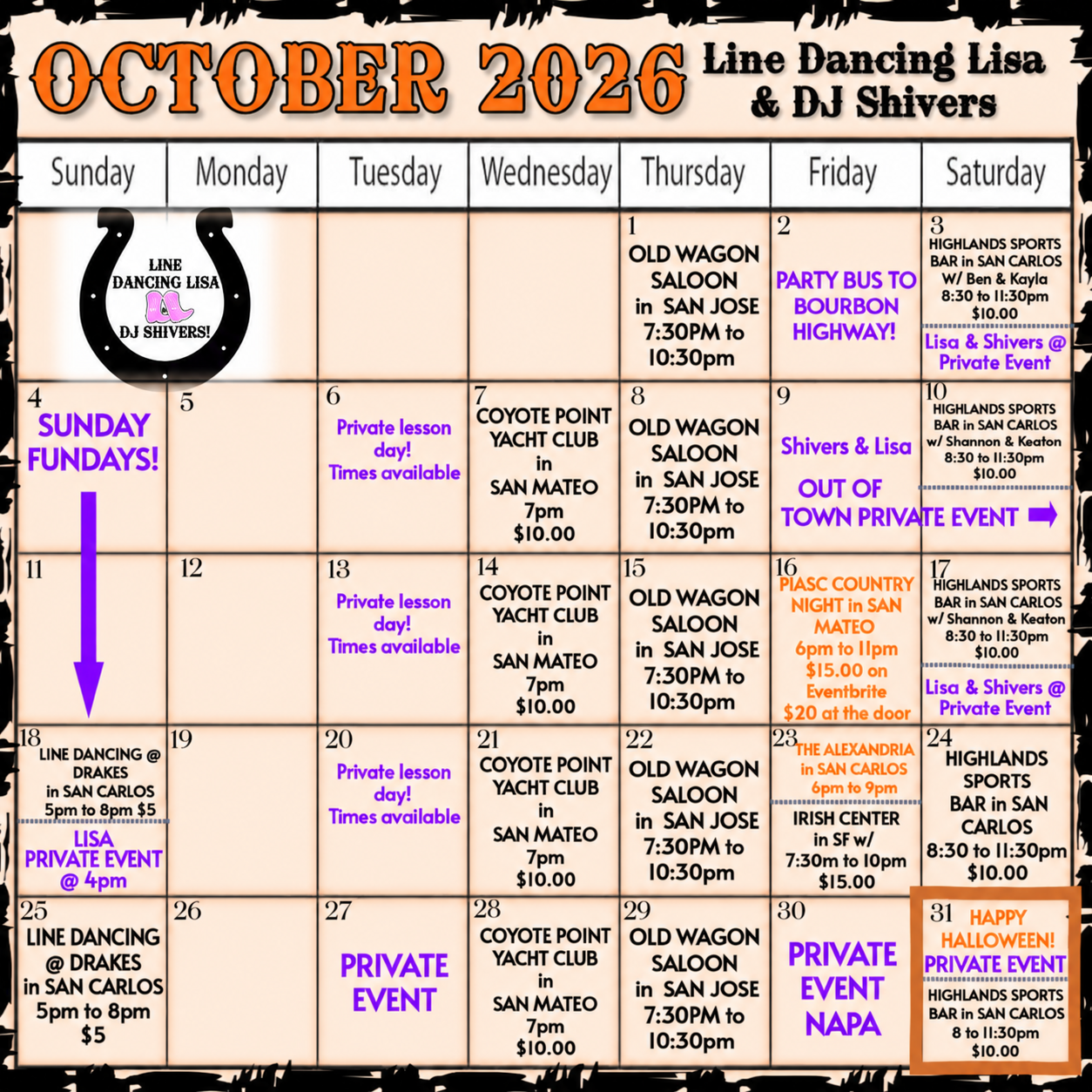 Monthly event calendar for October 2026, listing activities at Highland Sports Bar in San Carlos, including line dancing nights, private lessons, yacht club events, country night, Halloween party, and other performances with dates, times, locations, and prices.