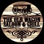 Sign for the Old Wagon Saloon & Grill with a wagon illustration. Premier sponsor for country dance day in half moon bay present by line dancing lisa and dj shivers in August. tickets on sale now.