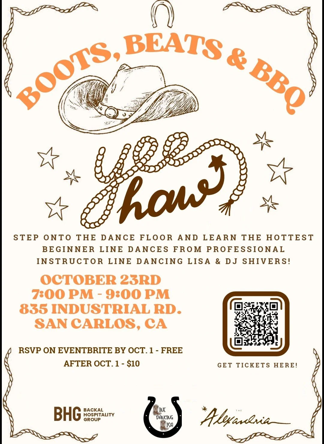 A country-themed dance event flyer with a cowboy hat, star accents, and a rope border. The event is called "Boots, Beats & BBQ Line Dance" scheduled for October 23rd from 7:00 PM to 9:00 PM at 855 Industrial Rd, San Carlos, CA. It features beginner line dancing from professional instructors Lisa and DJ Shivers, with free RSVP on Eventbrite and $10 after October 1. QR code for tickets is included.