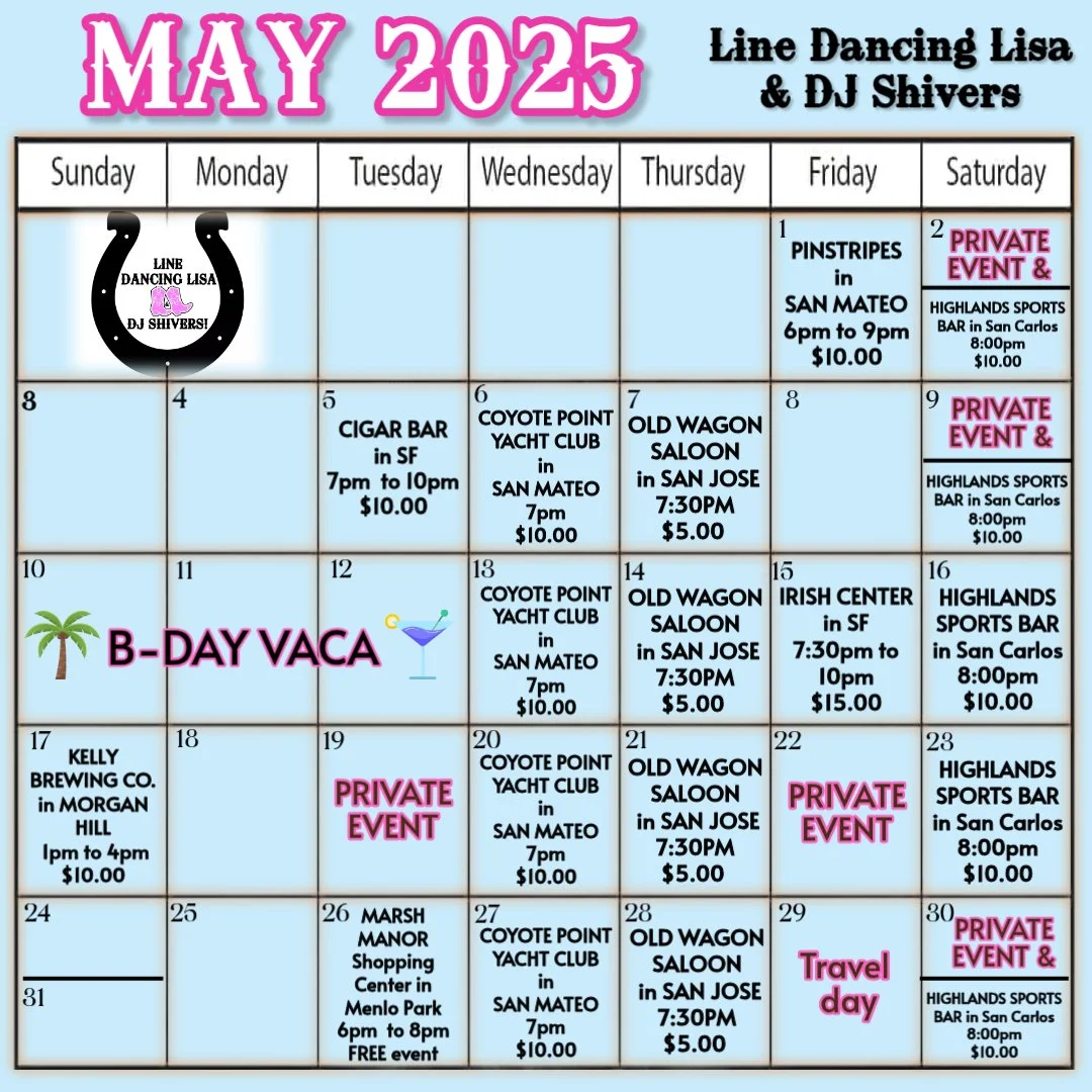 Event calendar for May 2025 featuring line dancing, private events, yacht club gatherings, and bar events with dates, times, locations, and pricing.