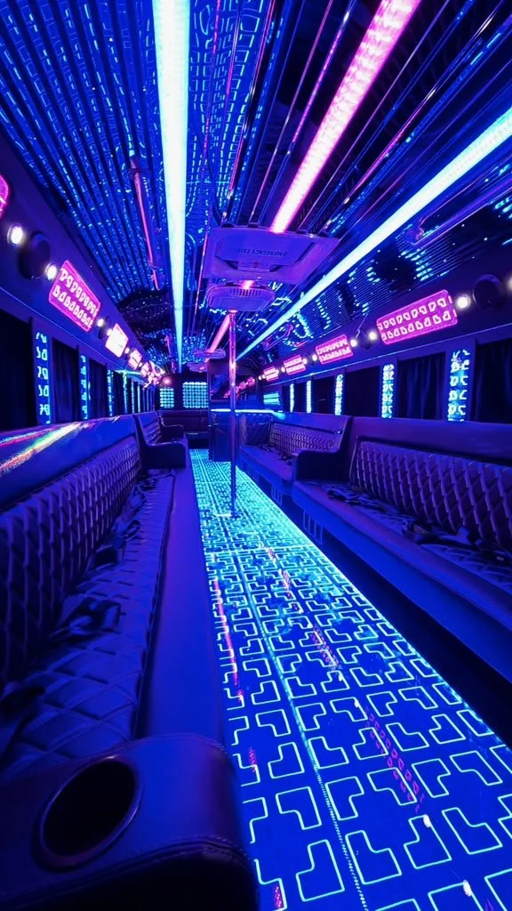 Inside a neon-lit night club with blue, pink, and purple LED lighting, two long rows of cushioned benches, a central pole, and digital screens along the walls.