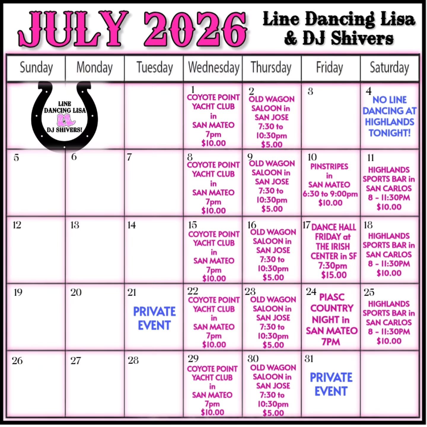 July 2026 calendar for Line Dancing Lisa and DJ Shivers