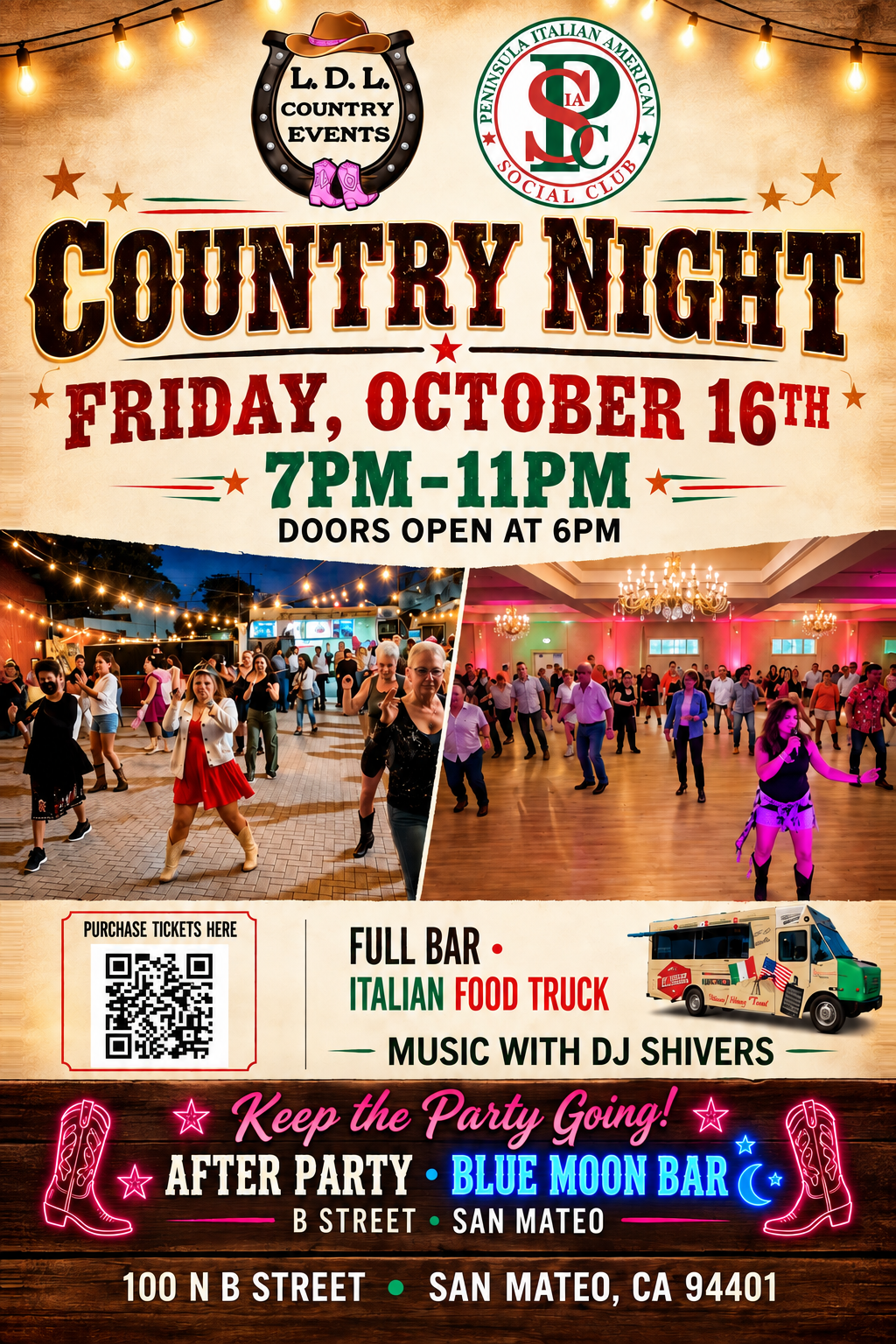 Promotional poster for a country night event with images of a dance floor, people dancing, and neon cowboy boots, featuring event details and a QR code for tickets.