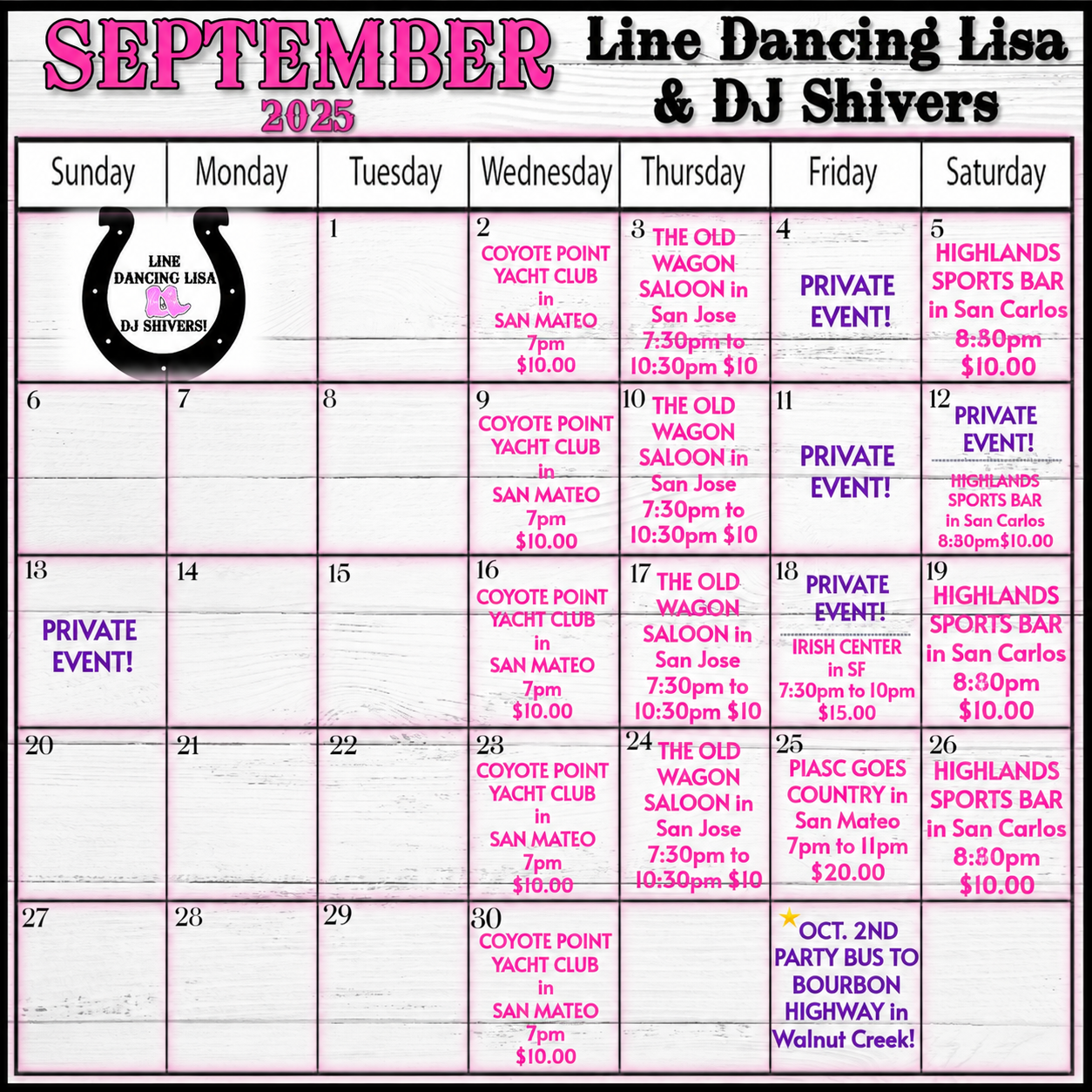 April 2025 event calendar showcasing line dancing, yacht club gatherings, private events, and sports bar nights with dates, locations, and times listed.