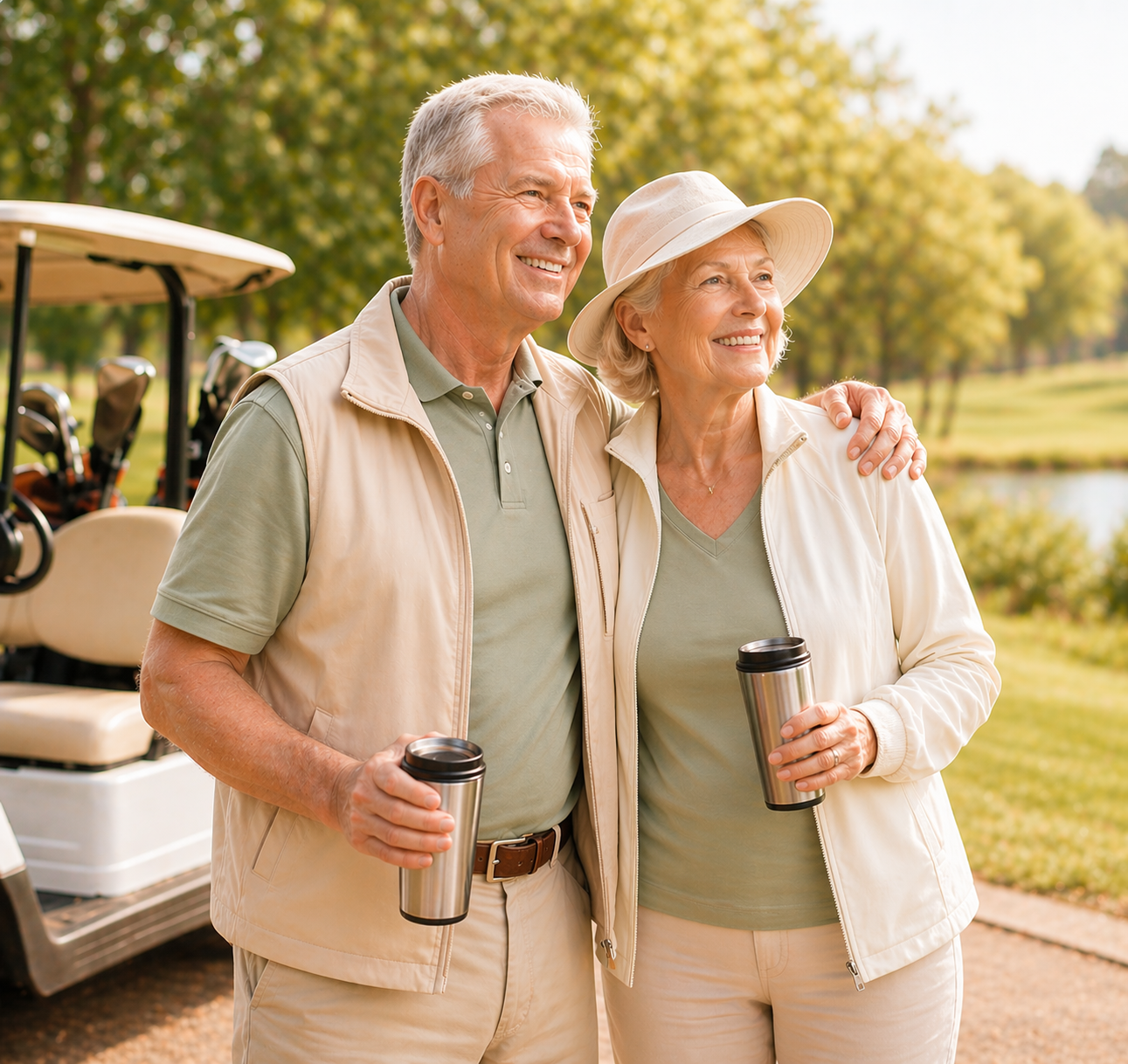 An elderly couple standing close together on a golf course, smiling, each holding a reusable coffee cup, surrounded by trees and a golf cart nearby.