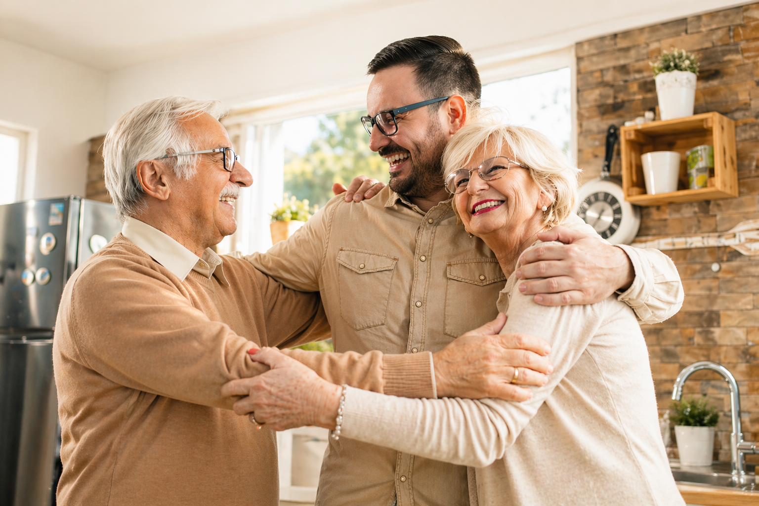 Three generations of family members hugging and smiling in a cozy kitchen with sunlight, wooden shelves, and a brick wall.