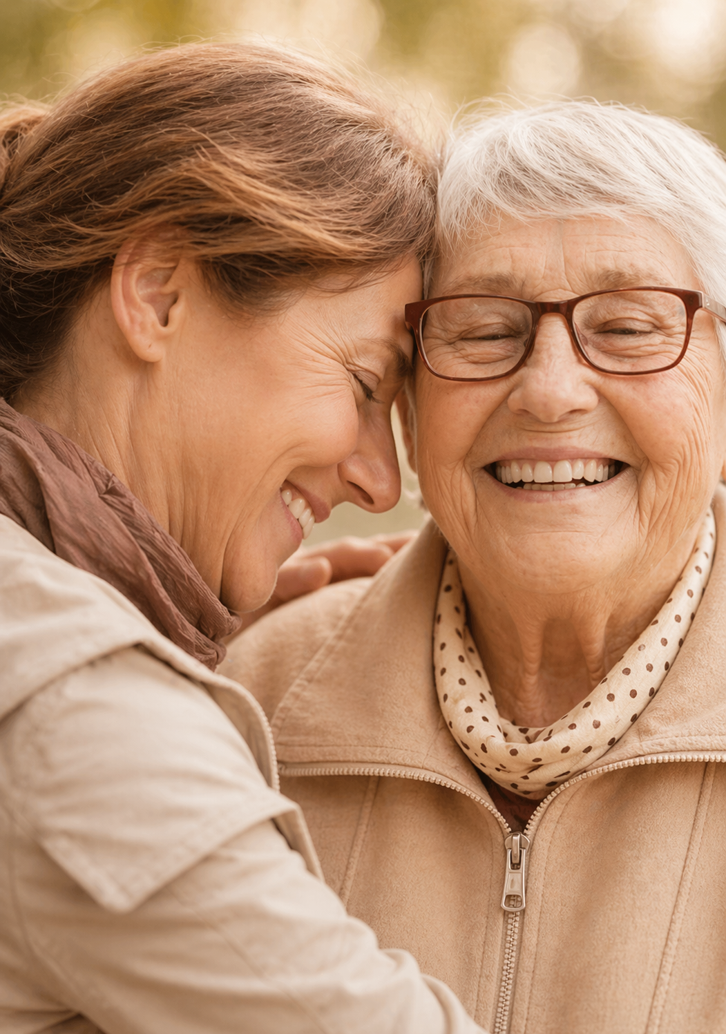Two elderly women sharing a joyful moment, smiling and close together outdoors.