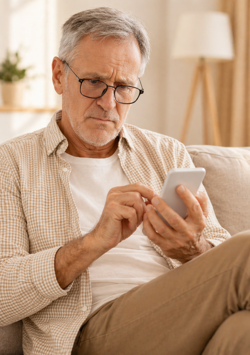 An elderly man with glasses and gray hair sitting on a beige sofa, looking at a smartphone in his hand in a well-lit living room.
