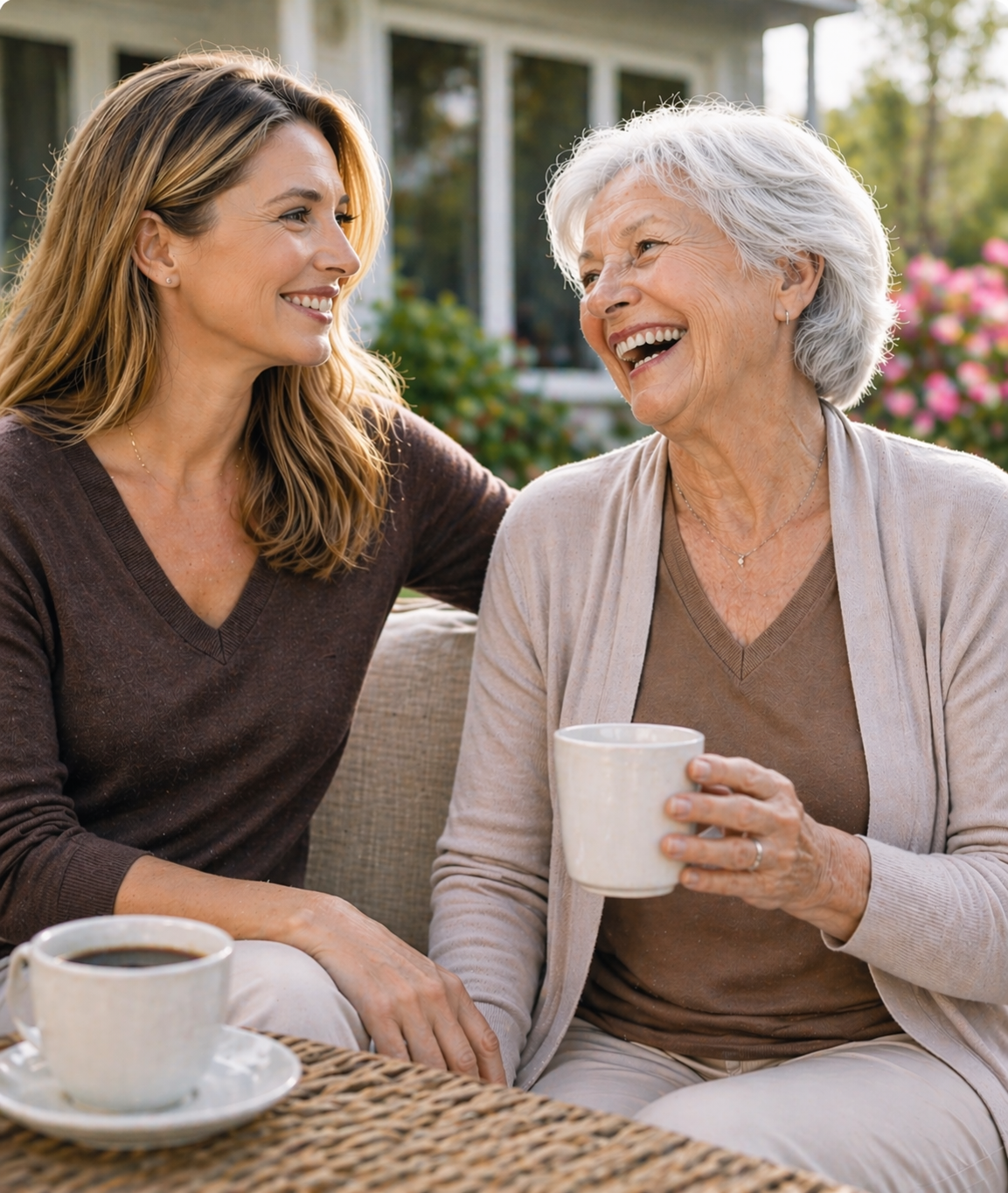 Two women sharing a happy conversation outdoors, with coffee mugs on a wicker table in front of them.