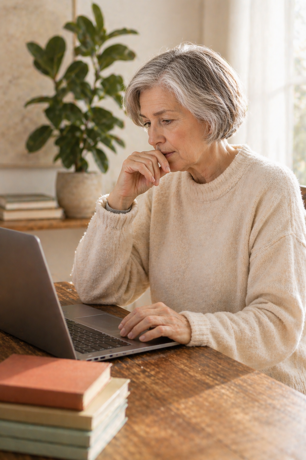 An elderly woman with gray hair, wearing a cream-colored sweater, sits at a wooden table looking at a laptop with a thoughtful expression. A stack of books is in the foreground, and a green leafy plant is behind her near a window with sunlight.
