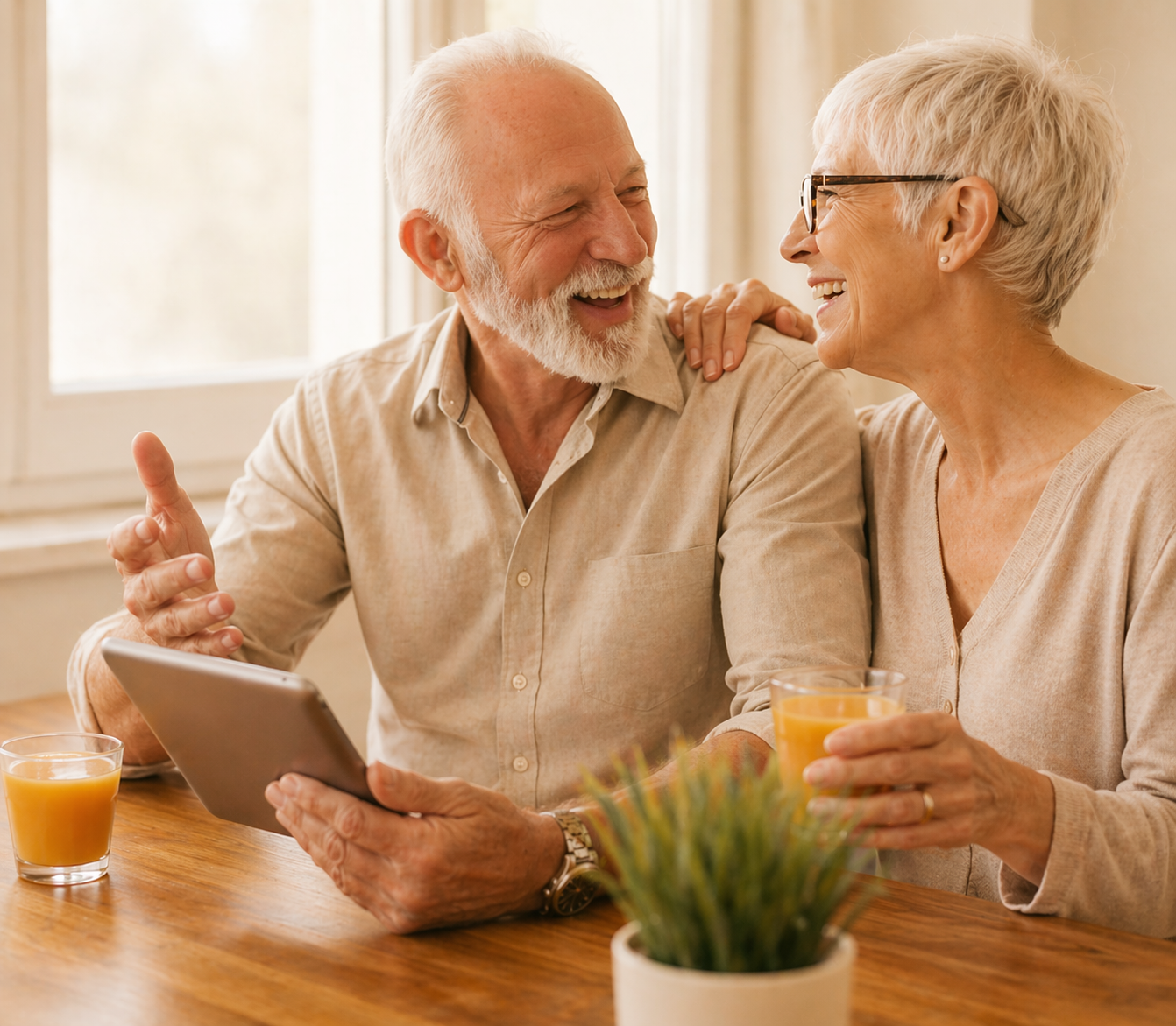 An elderly man and woman smiling and talking at a table, holding glasses of orange juice, with a potted plant and tablet.