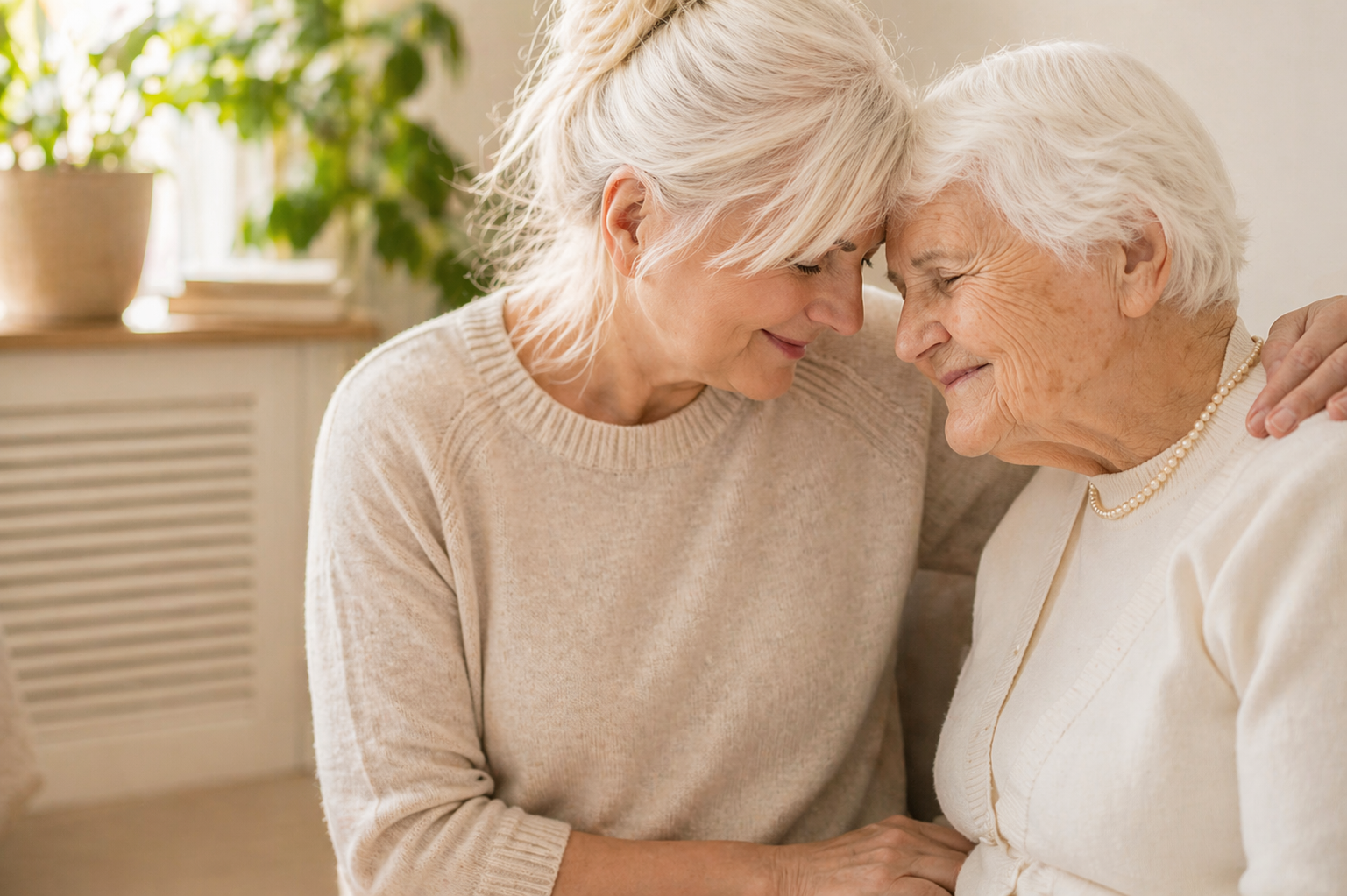 Adult daughter and aging mother embracing at home in Scottsdale