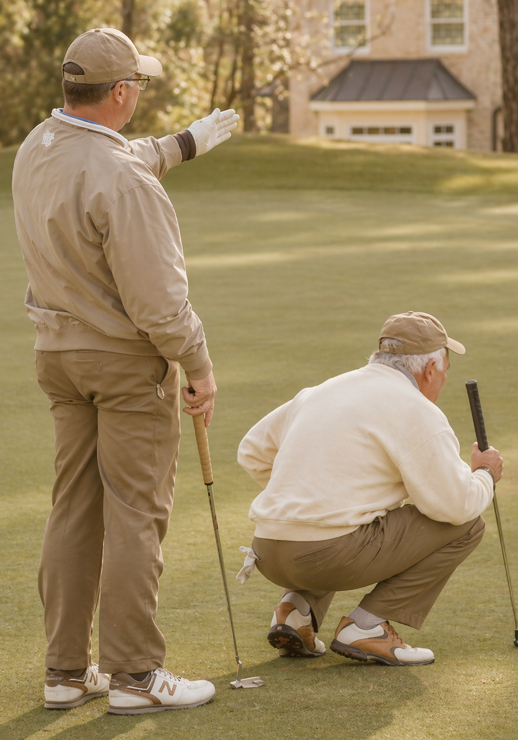 Two men playing golf on a course, one standing and the other squatting with a golf club.