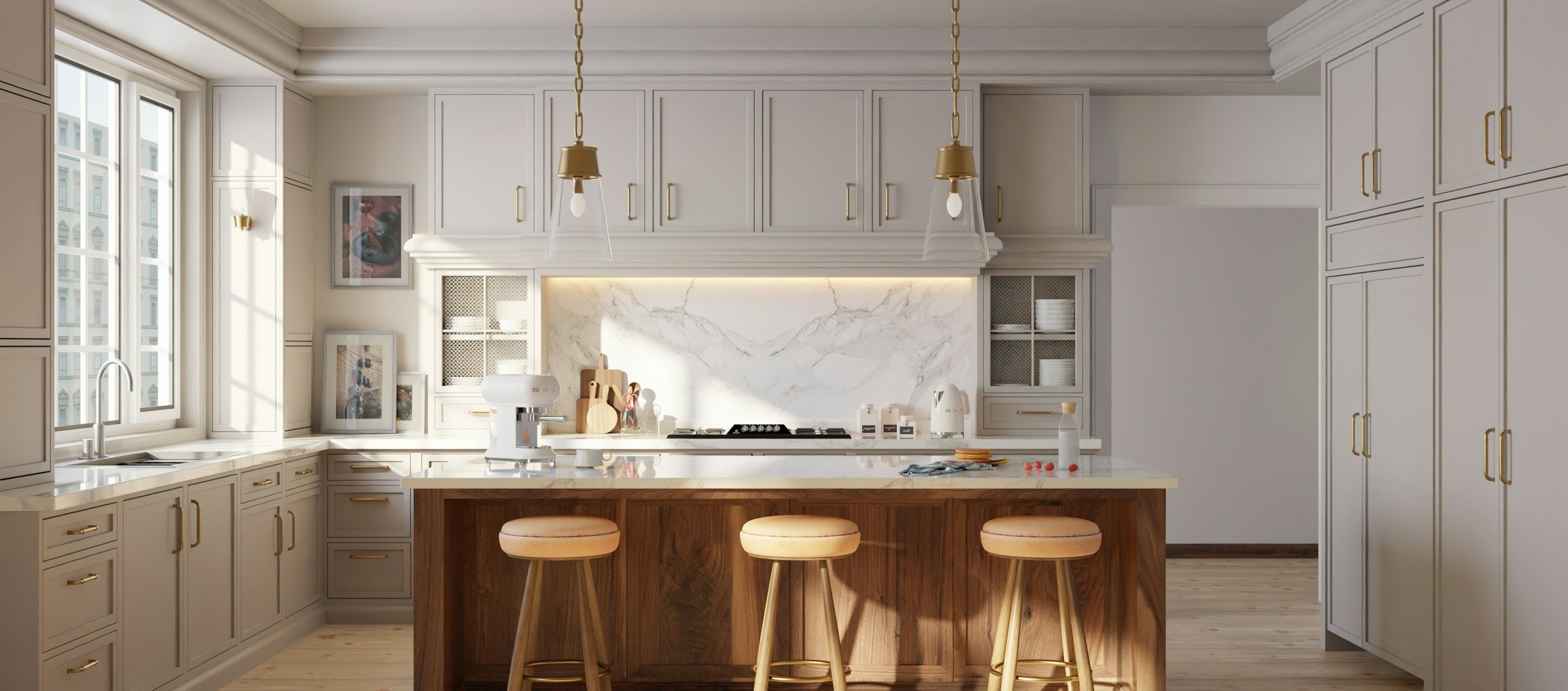 Modern kitchen with white cabinets, marble backsplash, kitchen island with wooden base and three beige stools, large windows, gold fixtures, and kitchen appliances.