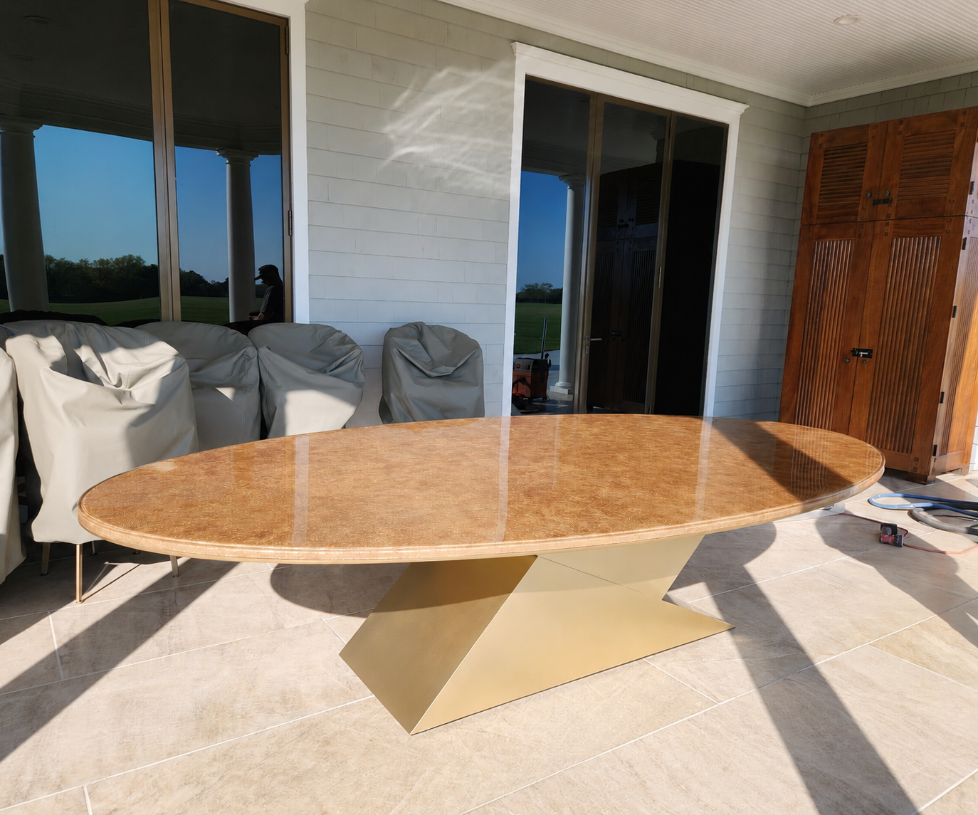 Outdoor Breakfast Table, Elliptic Resin Top with Monolithic Bronze Base - 2026