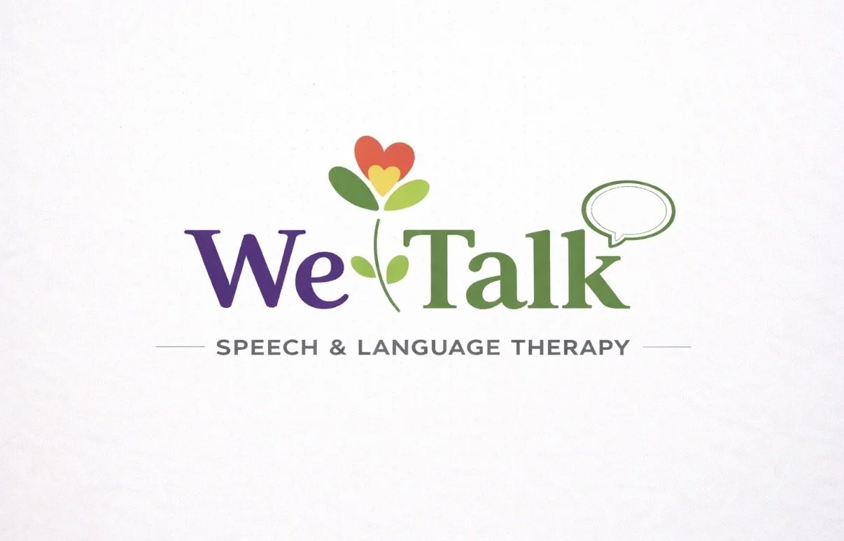 Logo for We Talk Speech & Language Therapy, with a flower and speech bubble design.