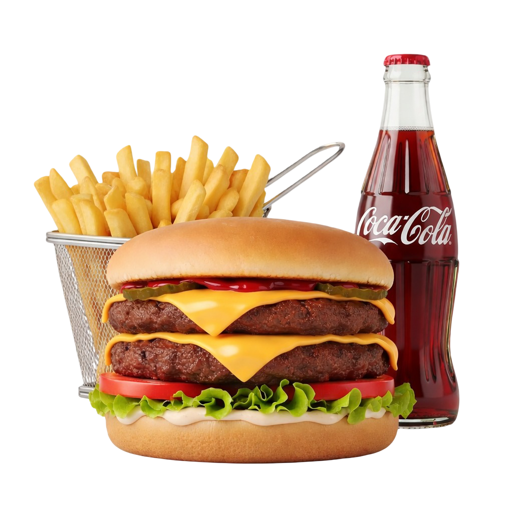A large cheeseburger with two beef patties, cheese, pickles, ketchup, and lettuce, served with a side of French fries and a bottle of Coca-Cola.