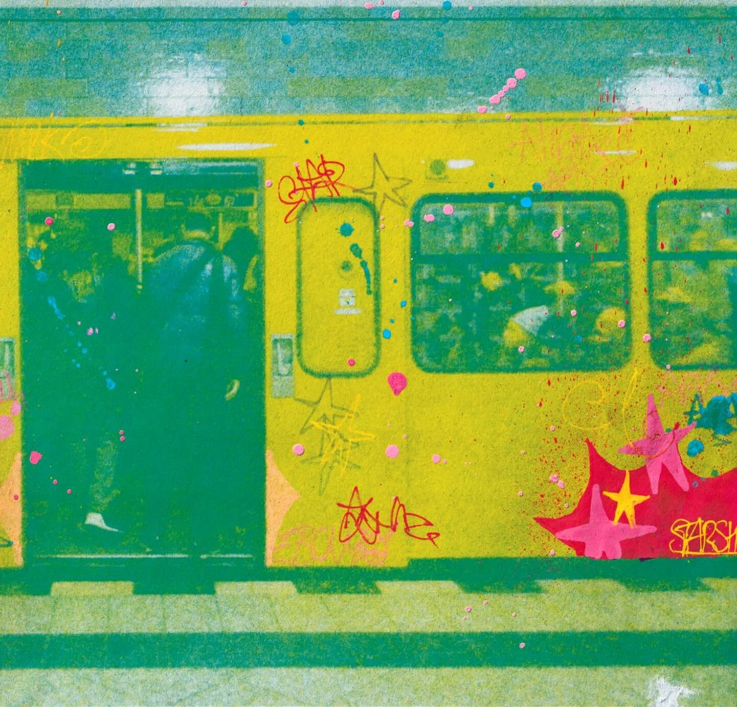 drawing over top of a riso print of the U-Bahn in Berlin