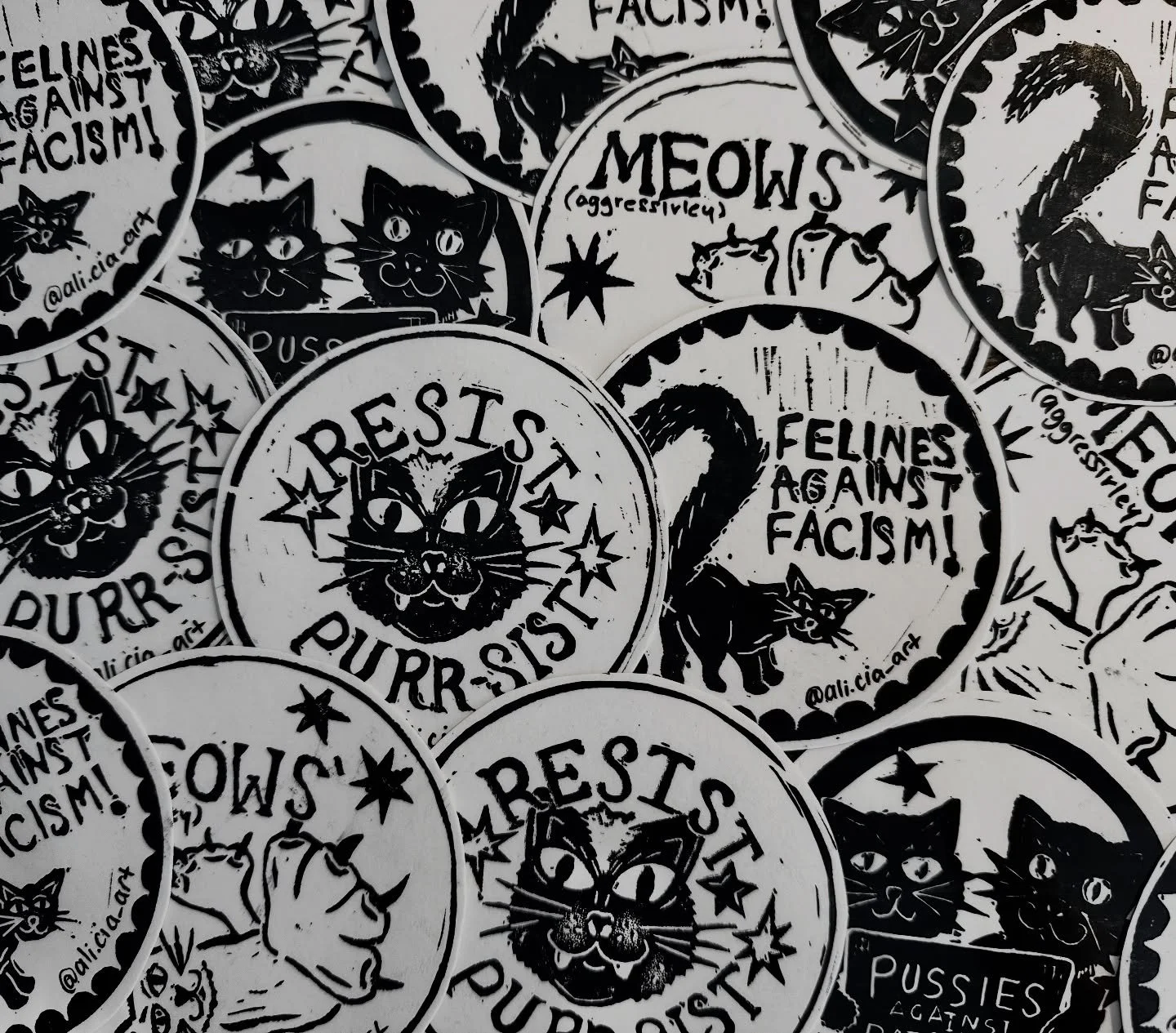 New linoprint stickers from my latest project designing pins for peace