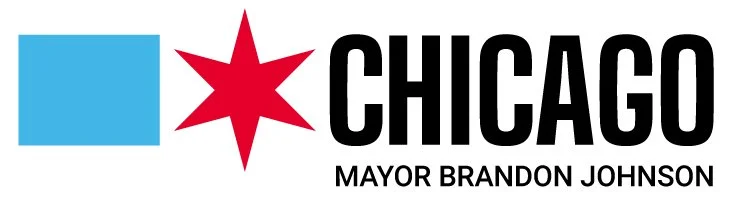 Chicago city logo with blue square, red star, and black text 'CHICAGO' and 'MAYOR BRANDON JOHNSON'