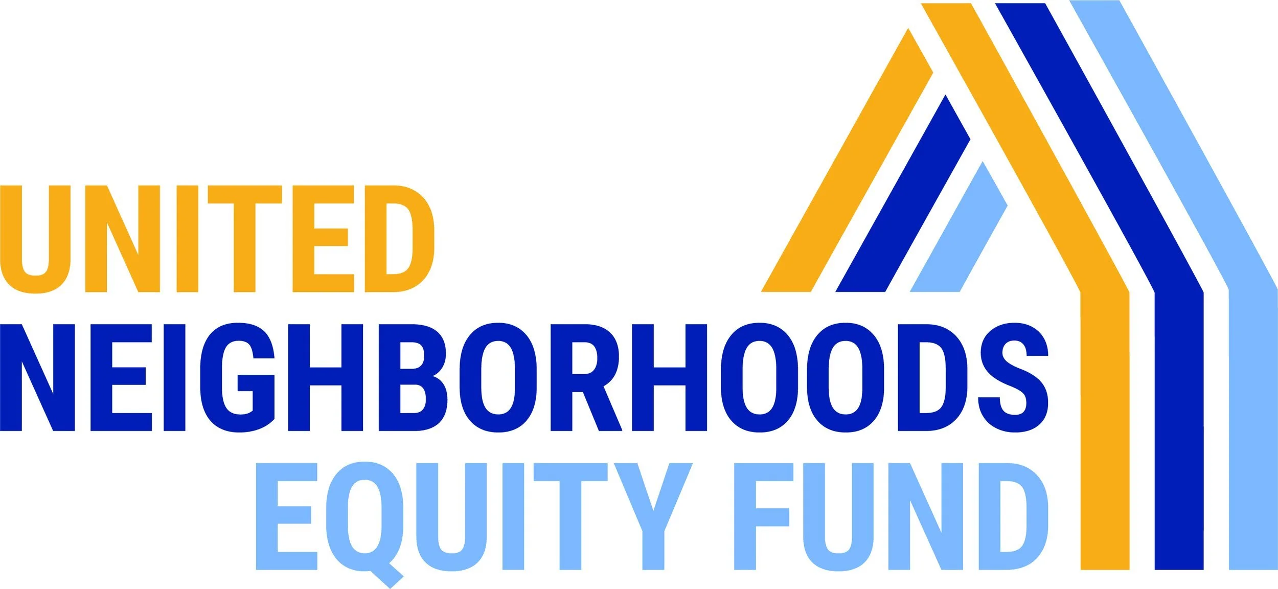 Logo of the United Neighbors Equity Fund featuring the organization's name in orange and blue text with a stylized geometric house icon in yellow, dark blue, and light blue.