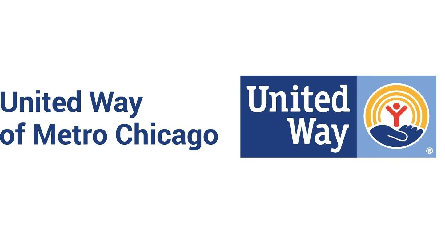 United Way of Metro Chicago logo with text on the left and a logo with a hand, person, and rainbow on the right.
