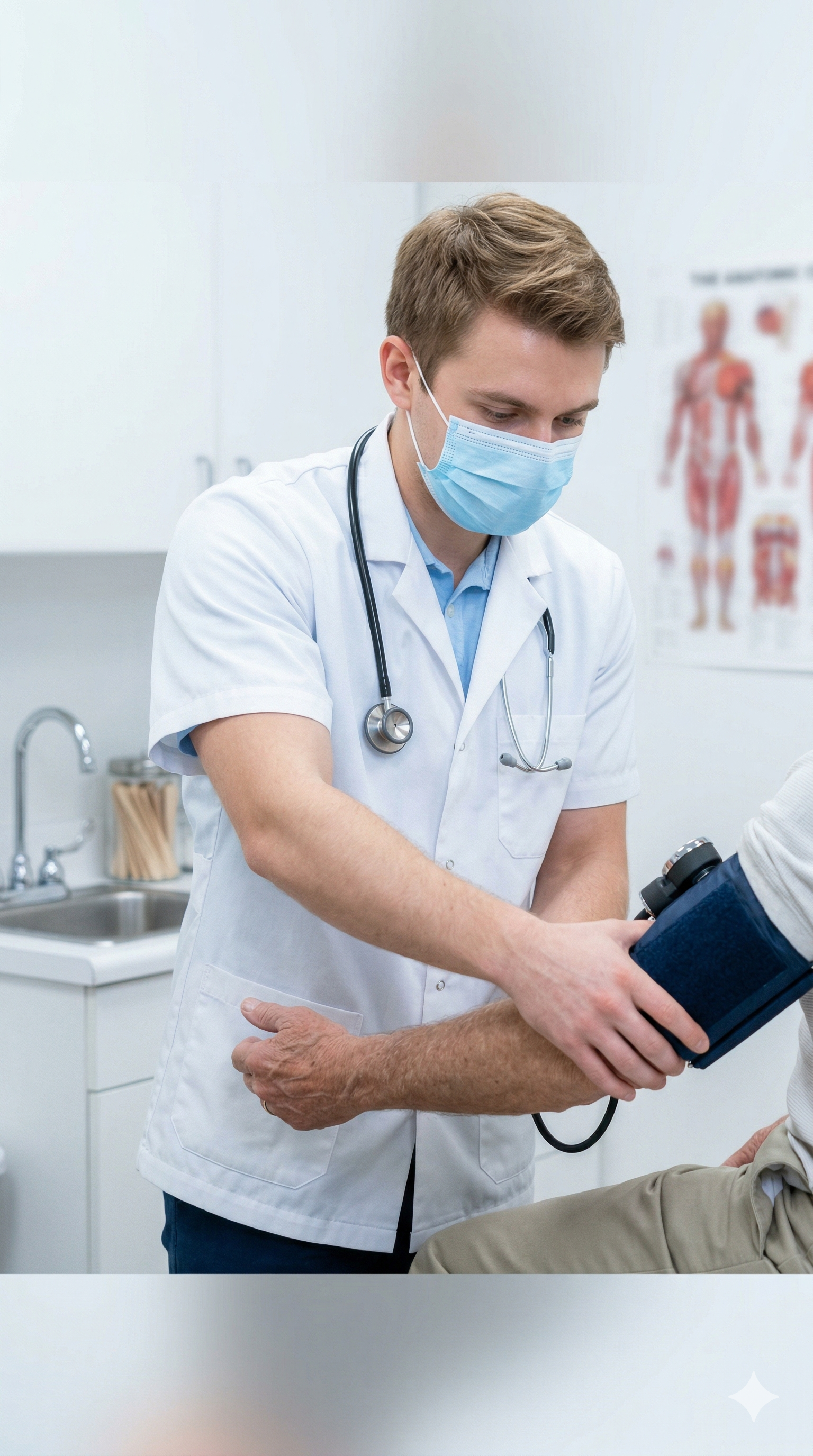 A medical student in a white coat and mask taking a patient's blood pressure in a clinic, highlighting the hands-on U.S. clinical electives and direct patient care experiences provided by MD Experiences LLC for IMGs.