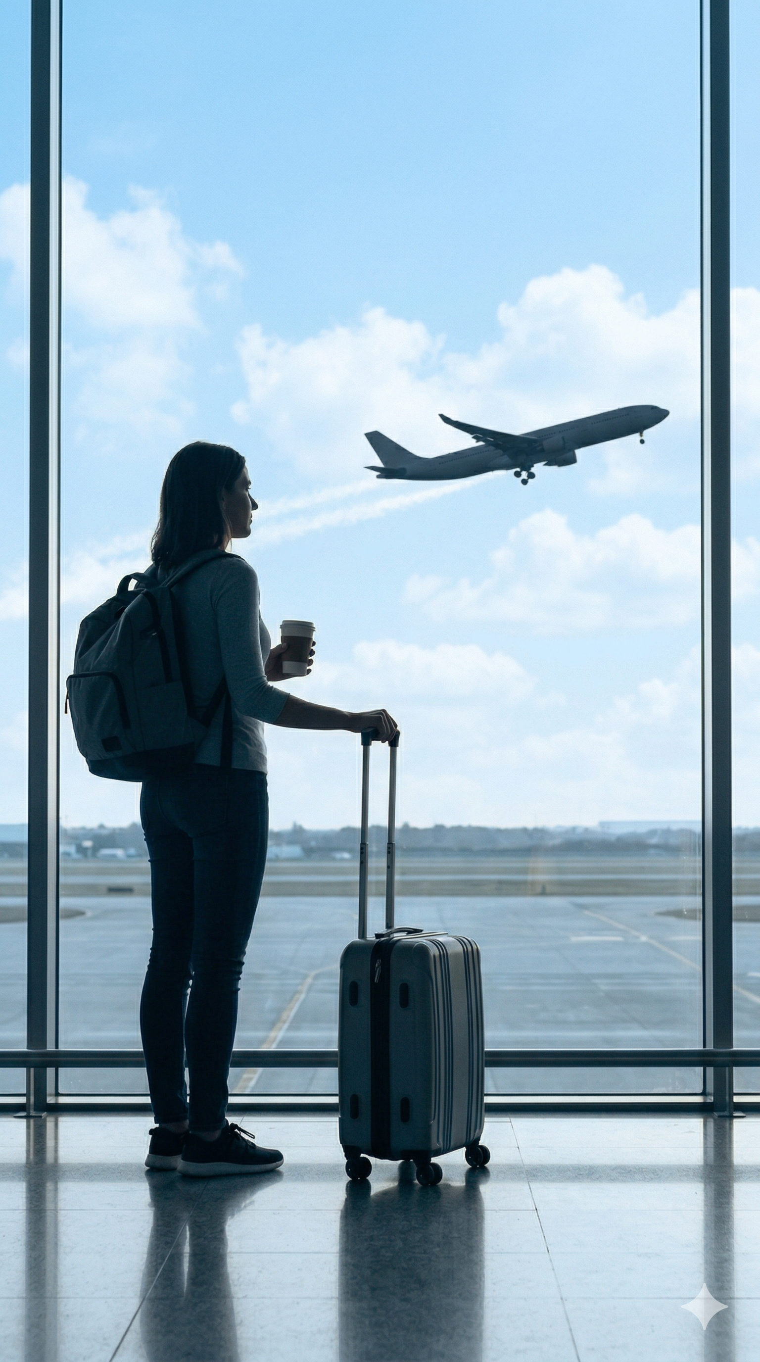 Silhouette of a traveler with a suitcase looking out an airport window at a departing plane, representing the seamless flight coordination and travel concierge logistics provided by MD Experiences LLC for IMGs traveling to U.S. clinical rotations.