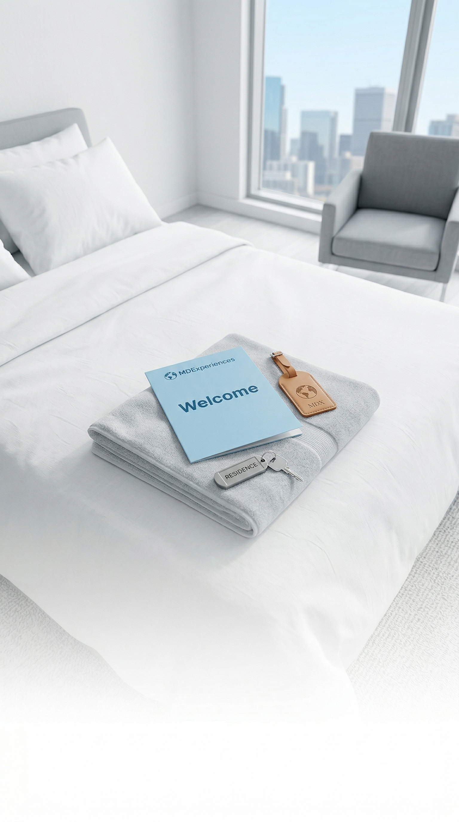 A modern bedroom with an MD Experiences Welcome booklet, residence keys, and a luggage tag on the bed, representing the secure, vetted medical housing we provide for IMGs during U.S. clinical rotations.