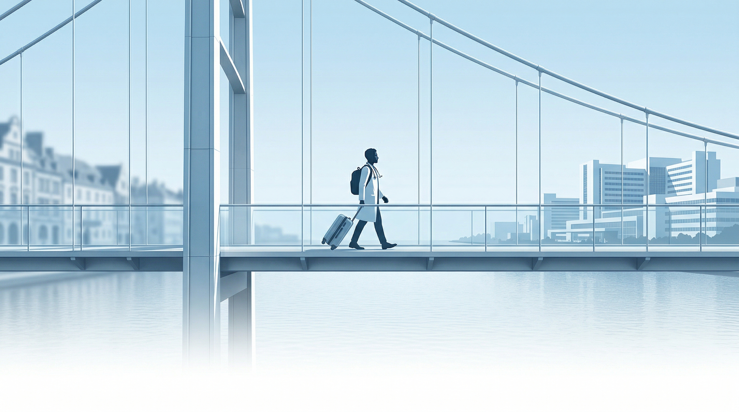 Minimalist blue illustration of an IMG doctor with a suitcase crossing a suspension bridge, symbolizing MD Experiences LLC's role as a facilitating bridge from international towns to US clinical rotations and hospitals.