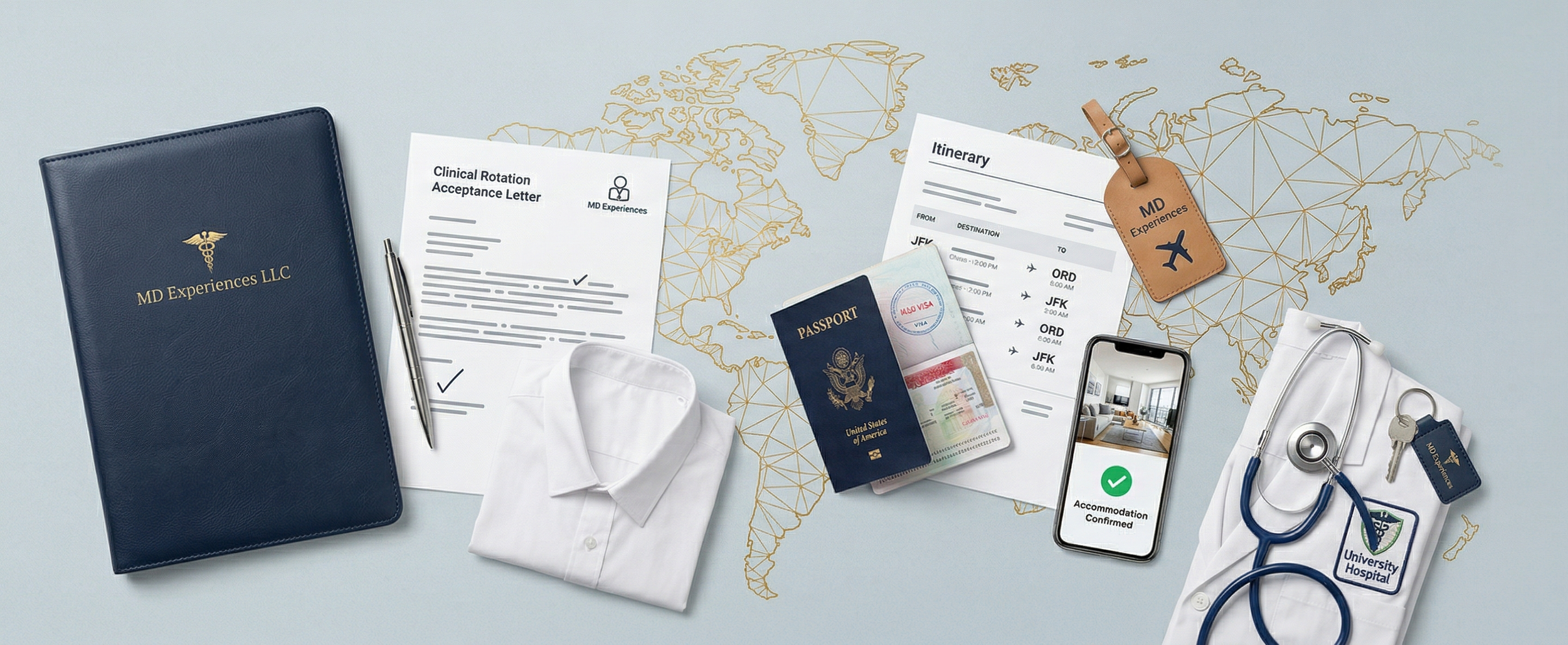 Flat lay featuring an MD Experiences LLC clinical rotation acceptance letter, passport, flight itinerary, housing confirmation, and lab coat, representing our complete travel logistics and U.S. clinical placement services for IMGs.