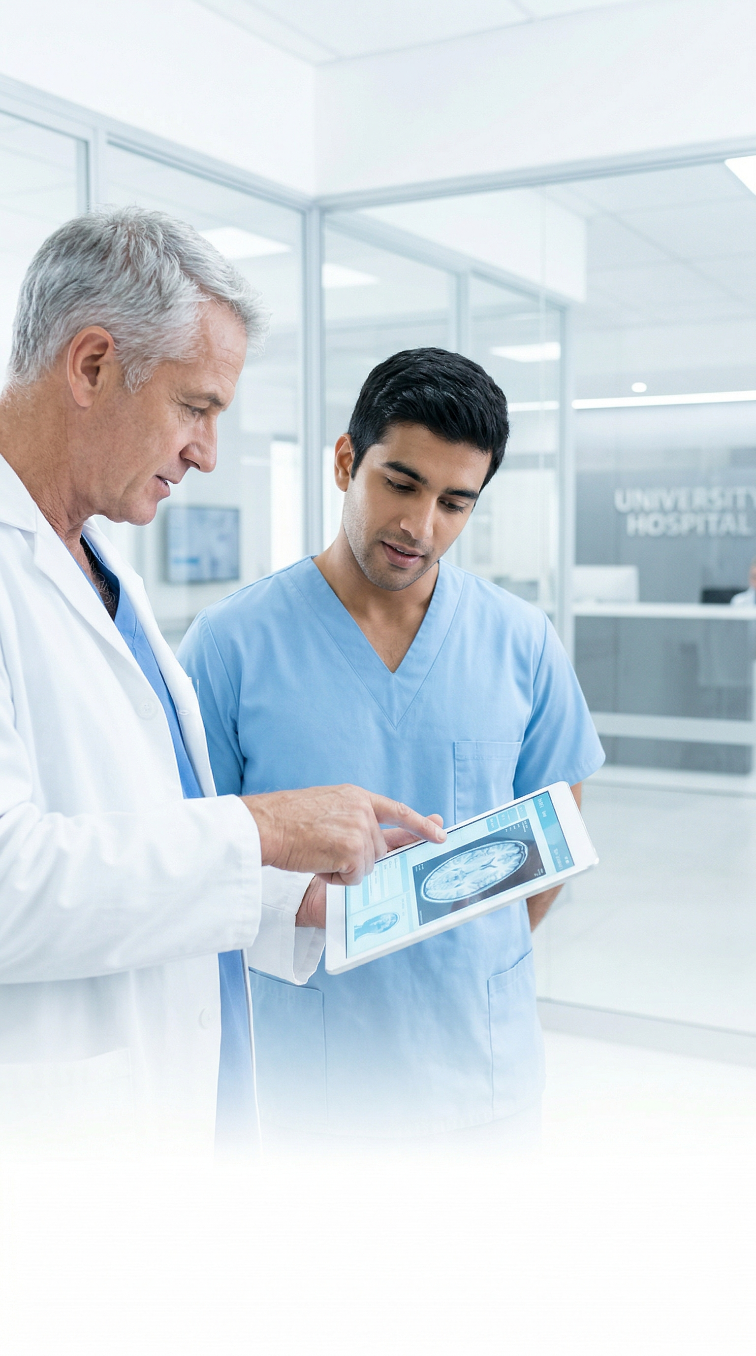 A U.S. preceptor and an IMG medical student reviewing a brain scan on a tablet, showcasing the hands-on clinical rotations and expert mentorship provided by MD Experiences LLC.