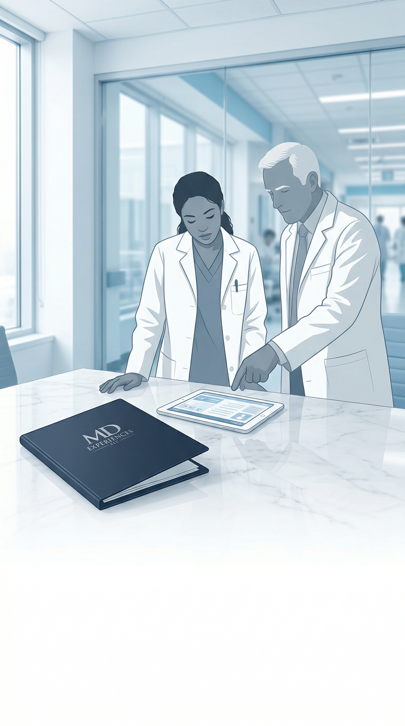Blue-toned illustration of an IMG medical student and a U.S. preceptor reviewing a tablet in a modern clinic. An MD Experiences LLC folder rests on the table, representing our hands-on clinical rotations and expert mentorship.