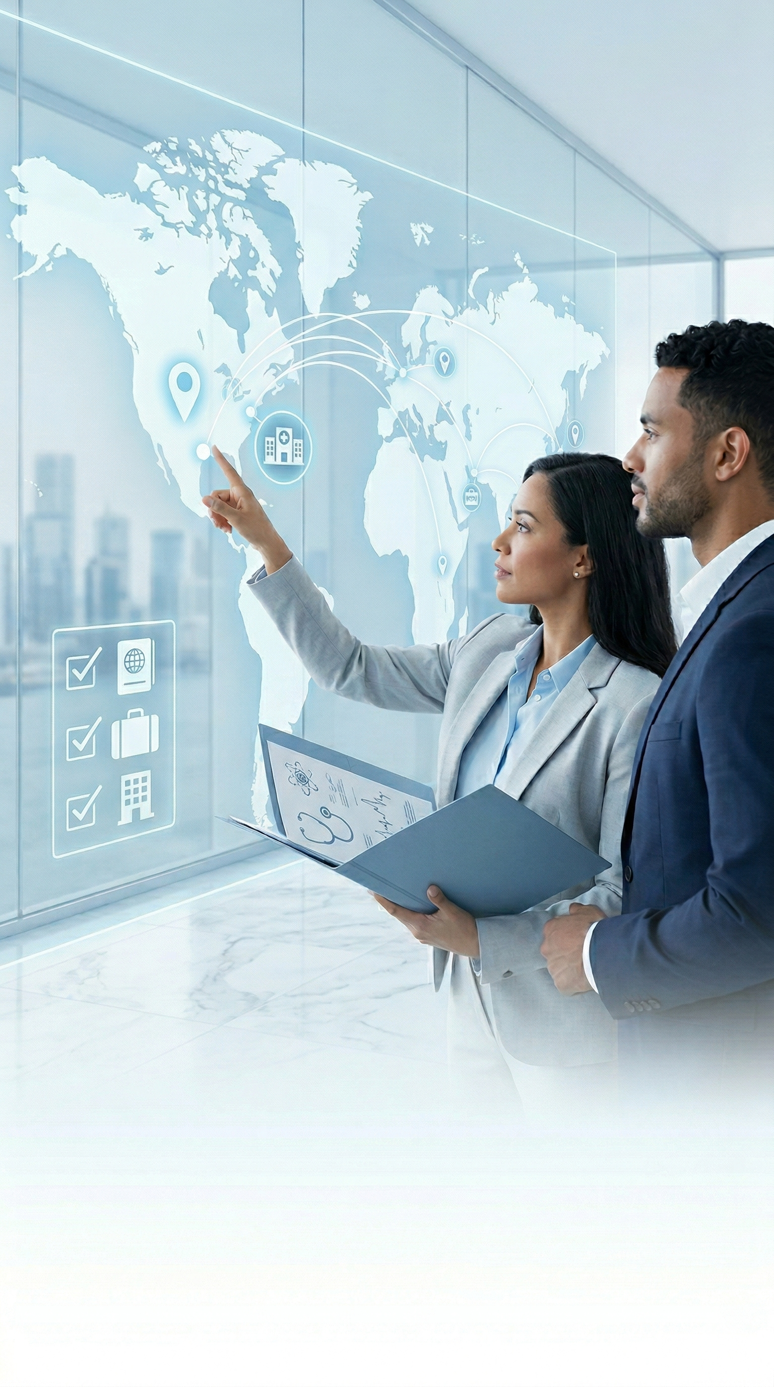 Two professionals reviewing a digital world map with travel and medical icons, illustrating MD Experiences LLC's expert travel logistics, visa coordination, and U.S. clinical placement services for IMGs.
