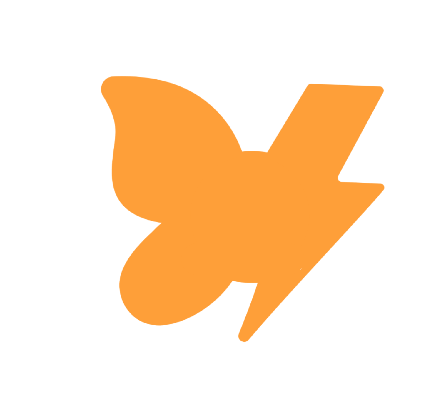 An abstract logo featuring an orange butterfly and a lightning bolt combined together.