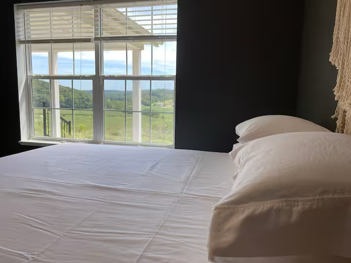 A bedroom with a large window showing a scenic view of green fields and trees, a bed with white sheets and pillows, and dark walls.