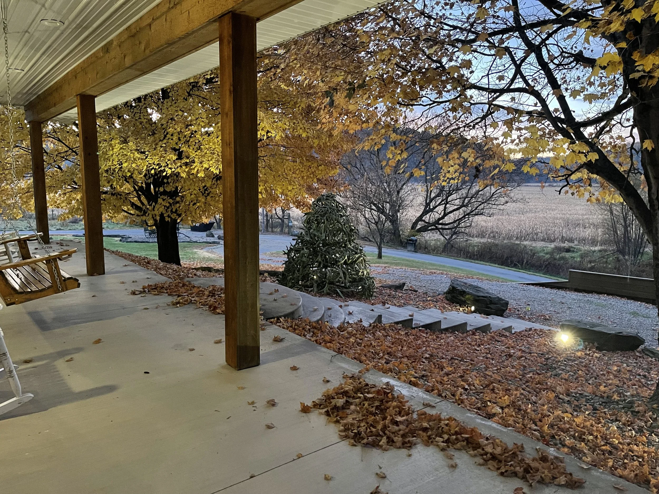 A porch with wooden support beams overlooking a yard with fallen leaves, trees with yellow and orange foliage, and a distant field at dusk.