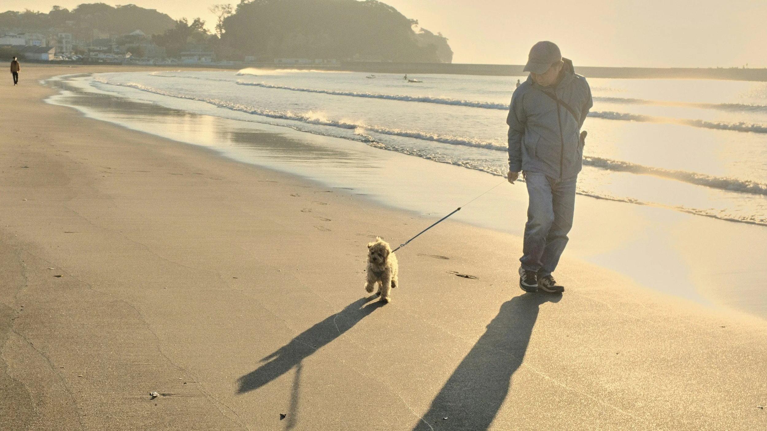 A person walking a dog along the beach at sunset or sunrise, with other people in the background and the ocean waves nearby.