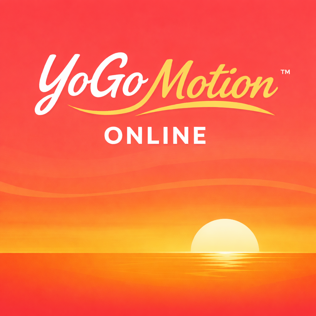 Sunset over the ocean with a pink and orange sky, and the text 'YoGoMotion Online' in the foreground.