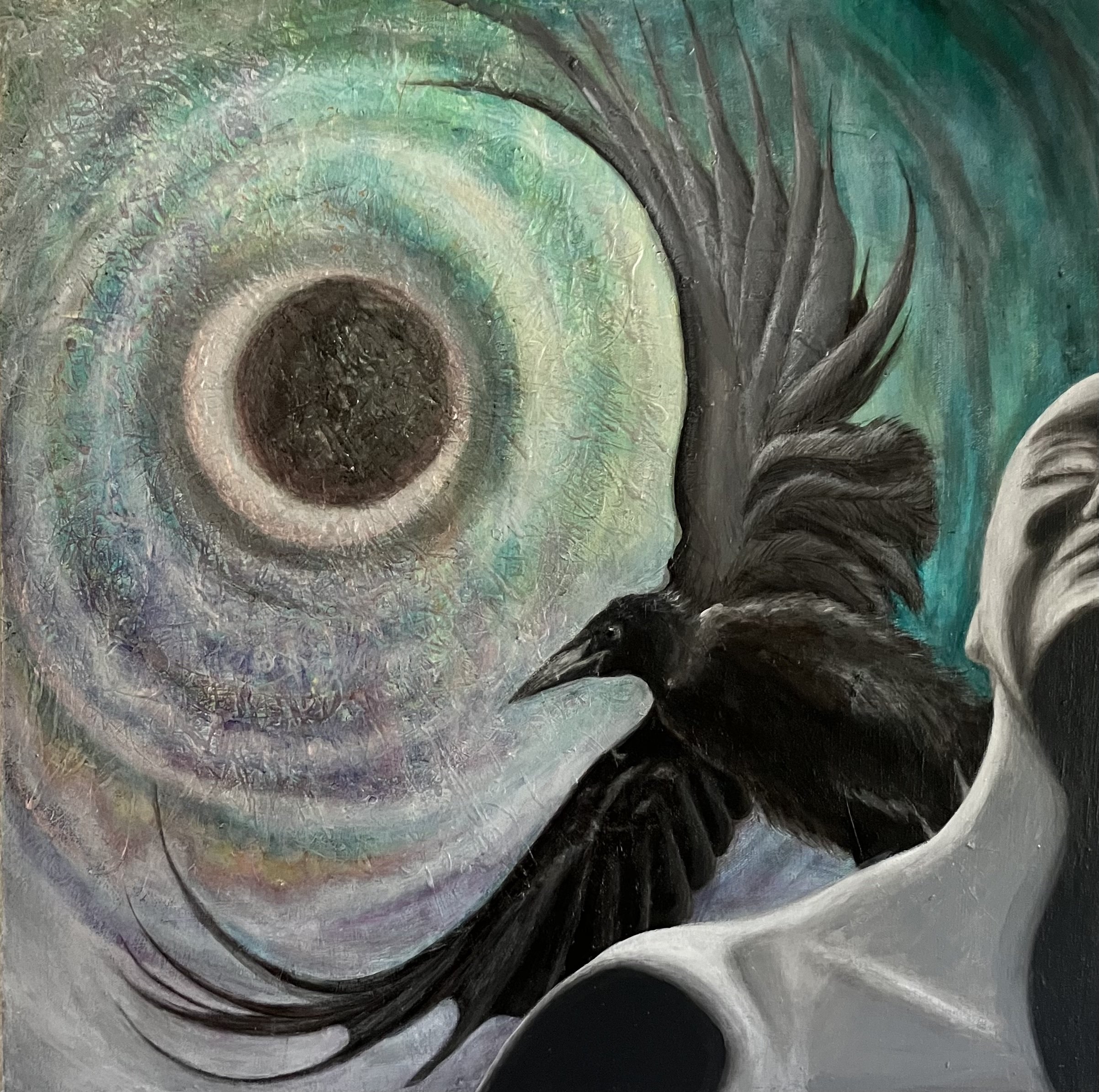 Close-up view of a textured abstract painting featuring large swirling shapes in shades of green, black, and white, with layered brushstrokes and intricate details.