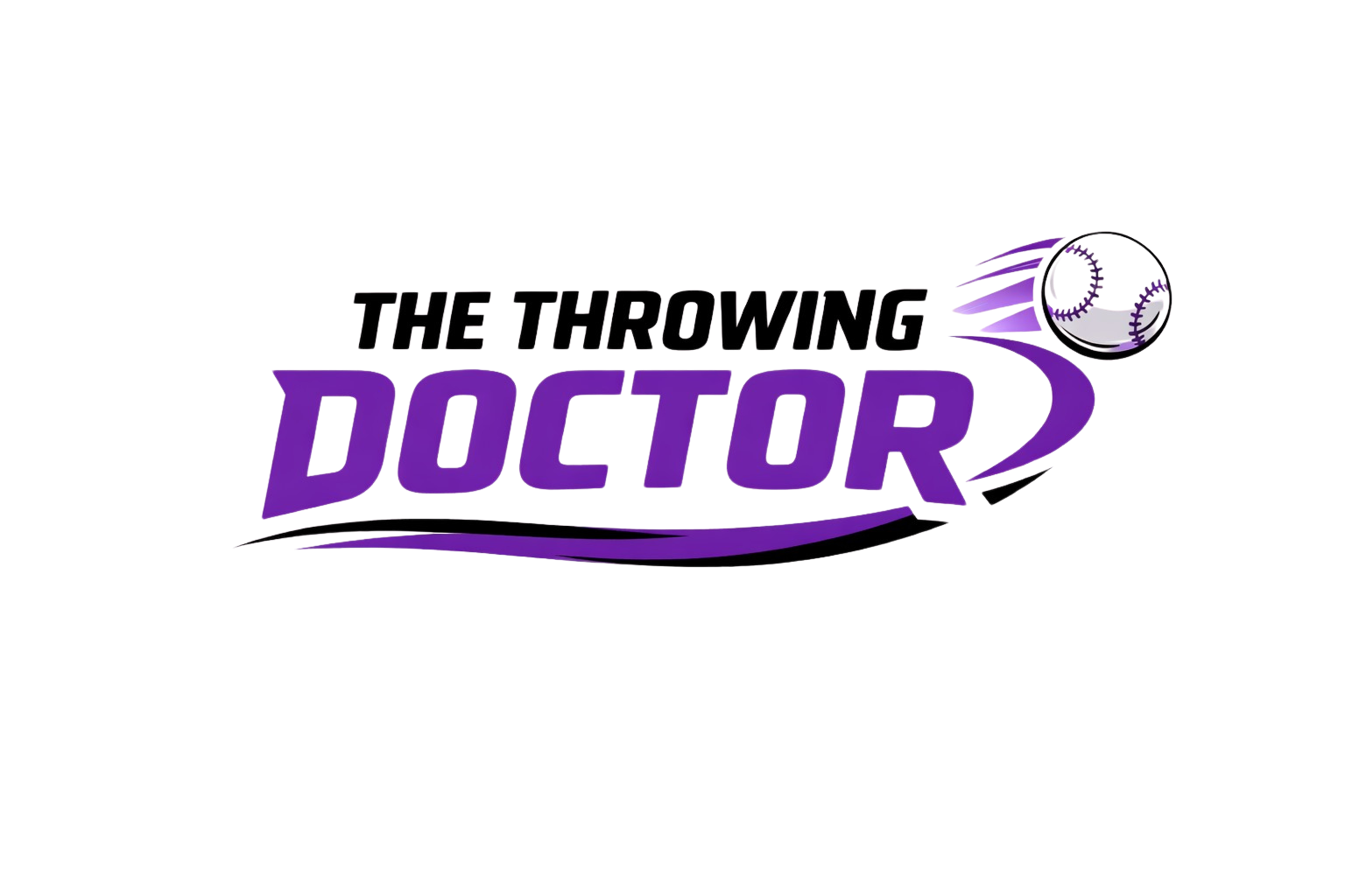 Logo for 'The Throwing Doctor 2', featuring stylized purple text and a baseball with motion lines.