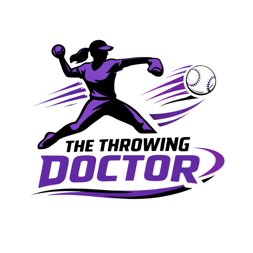 A stylized illustration of a female baseball player in a pitching pose, with the words 'The Throwing Doctor' in bold purple and black text.