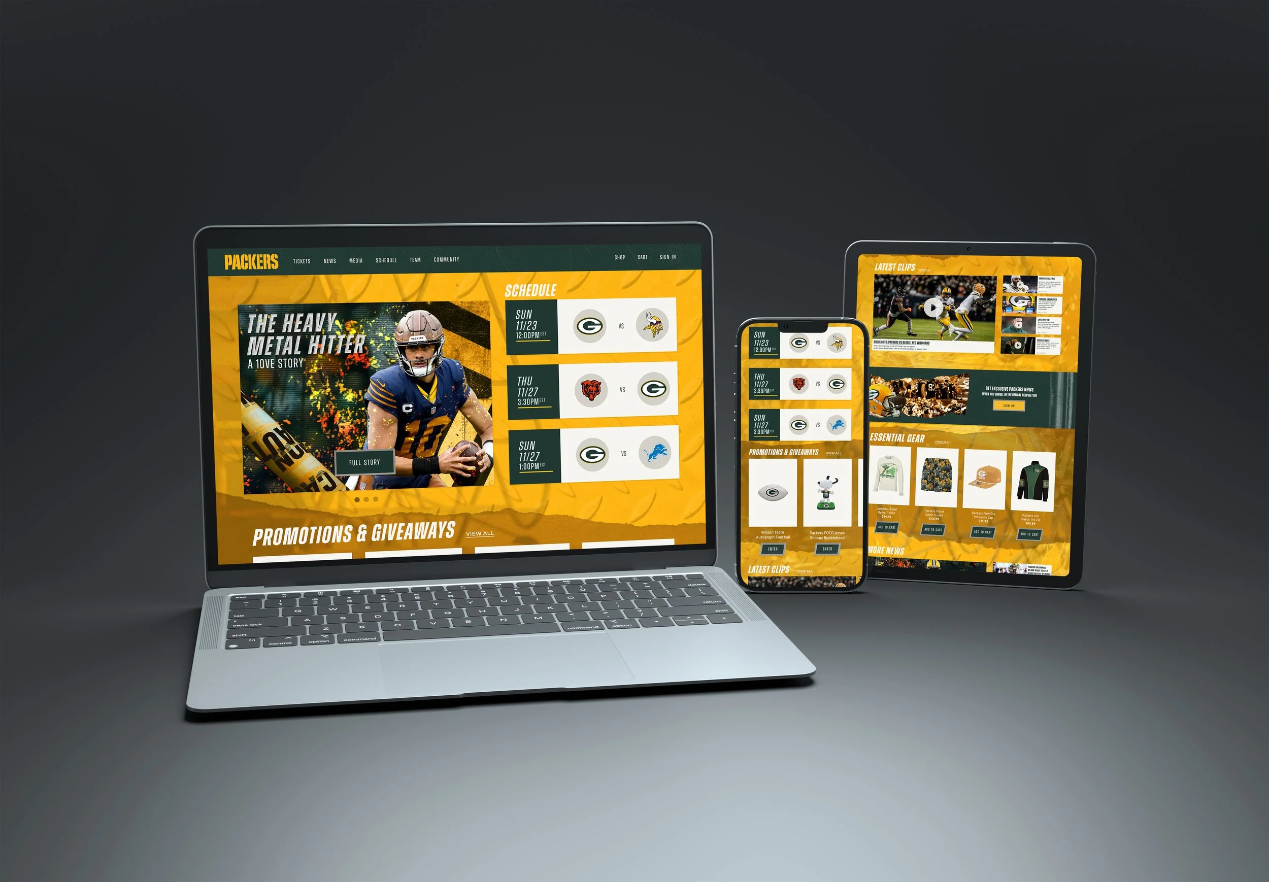 Multiple electronic devices displaying a sports team website with scheduling, news, and merchandise content.