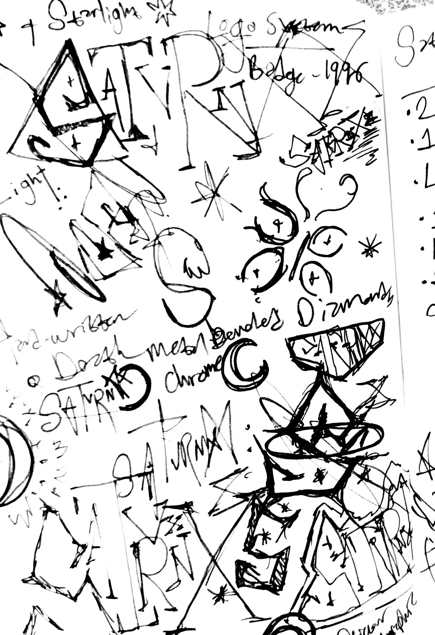 Hand-drawn sketches and notes related to space and stars.