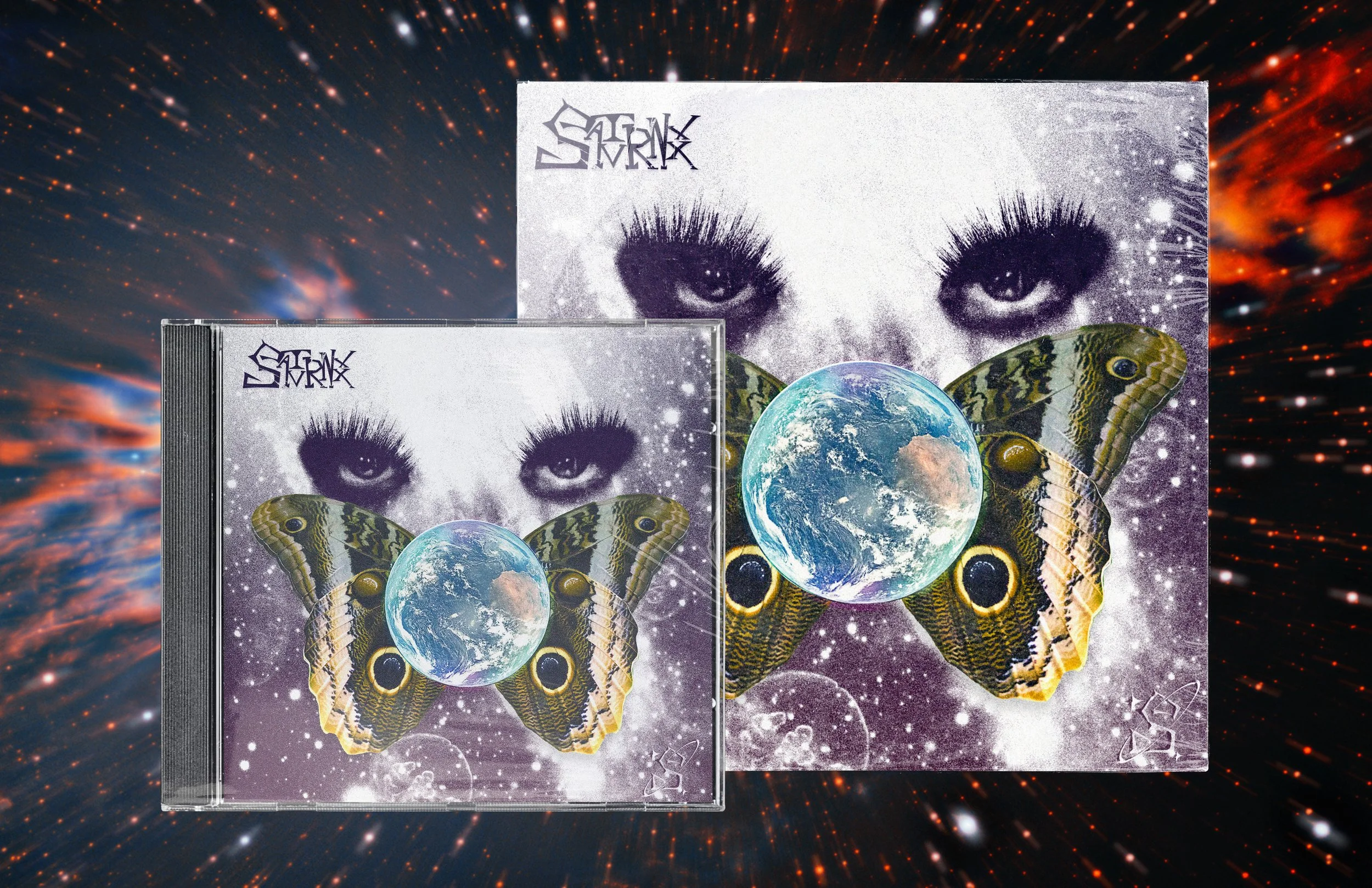 A CD and record album cover showing large black eyes, a butterfly with earth on its wings, and the word 'SATVRNXX' in stylized text, with a cosmic background of stars and nebulae.
