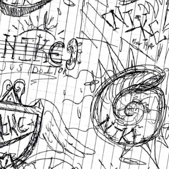 Hand-drawn sketch on graph paper featuring a large snail with a spiral shell in the center, with some text and shapes surrounding it.