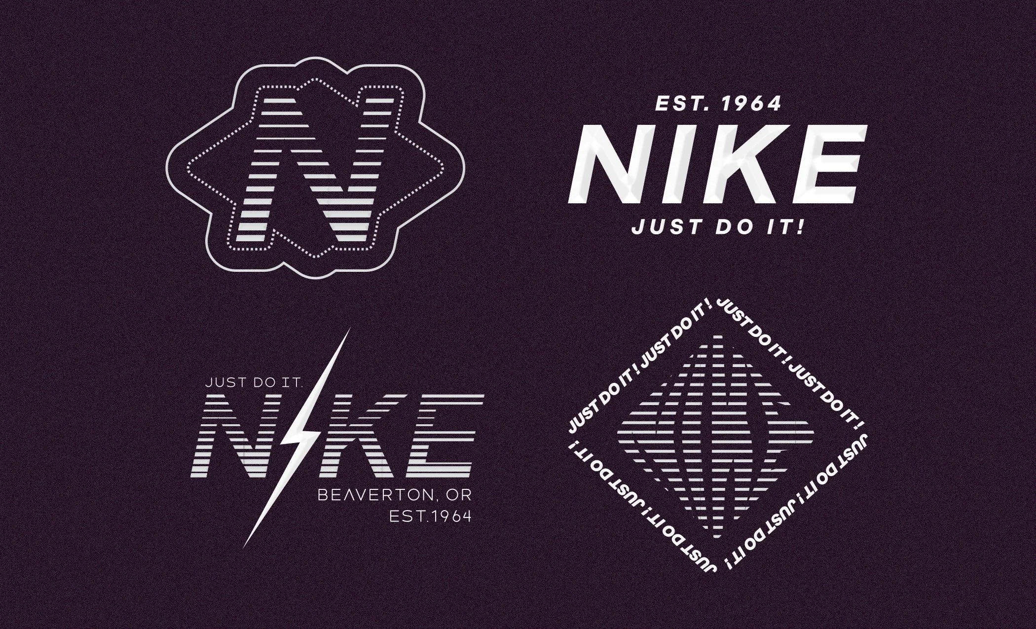 A dark background featuring multiple stylized Nike logos with the words "JUST DO IT!" and "NIKE" along with the establishment year 1964. The logos are designed with horizontal lines and geometric patterns.