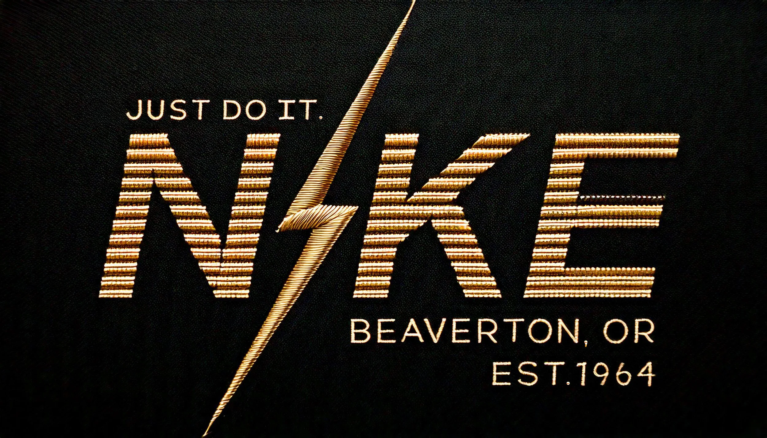 Close-up of a black fabric with the phrase "JUST DO IT." and the word "NIKE" in large, striped gold letters, along with the location "BEAVERTON, OR" and the establishment year "EST. 1964".
