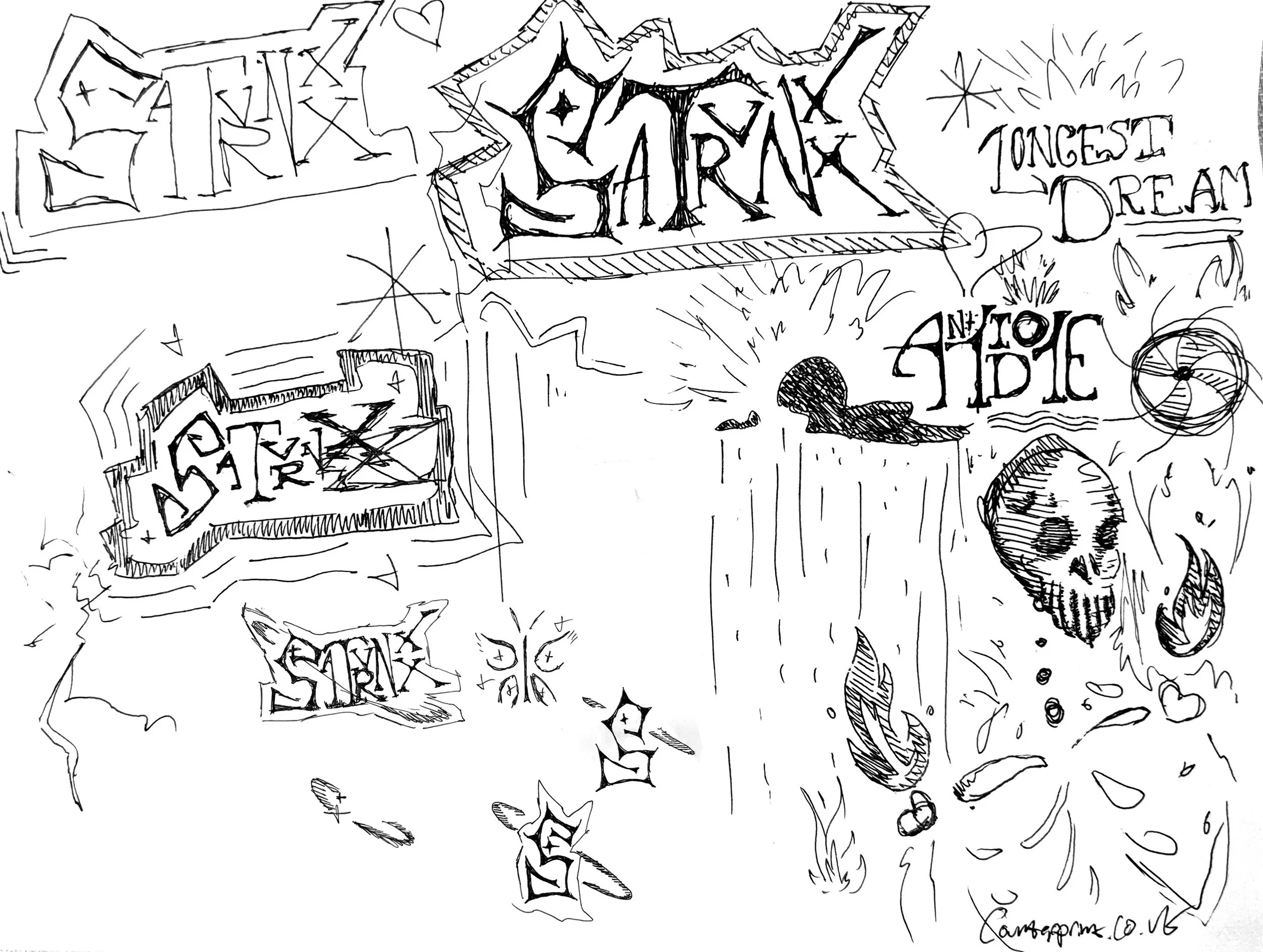 Sketched graffiti-style words and phrases including "SATVRNXX,"  "LONGEST DREAM," and "ANTIDOTE" with doodles of skulls, stars, and abstract designs.