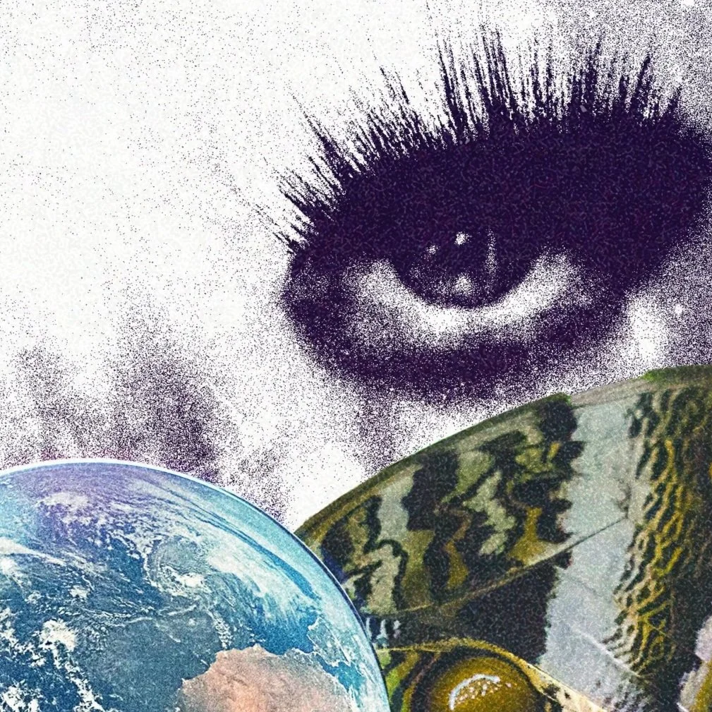 A collage featuring a large eye in black and white, part of the Earth, a butterfly wing, and a person's eye nearby.